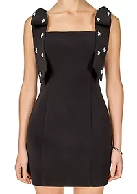 MINI DRESS WITH RHINESTONE & PEARL EMBLLISHED BOW