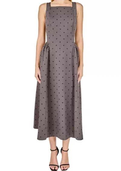 Square Neck Polka Dot Gathered Waist Midi Dress