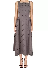Square Neck Polka Dot Gathered Waist Midi Dress