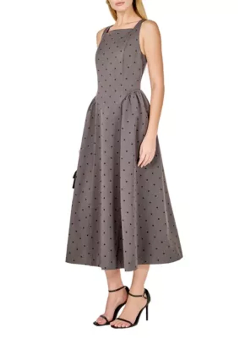 Square Neck Polka Dot Gathered Waist Midi Dress