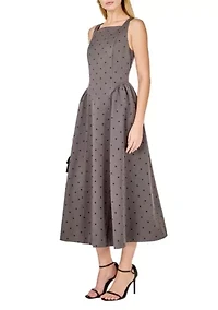Square Neck Polka Dot Gathered Waist Midi Dress