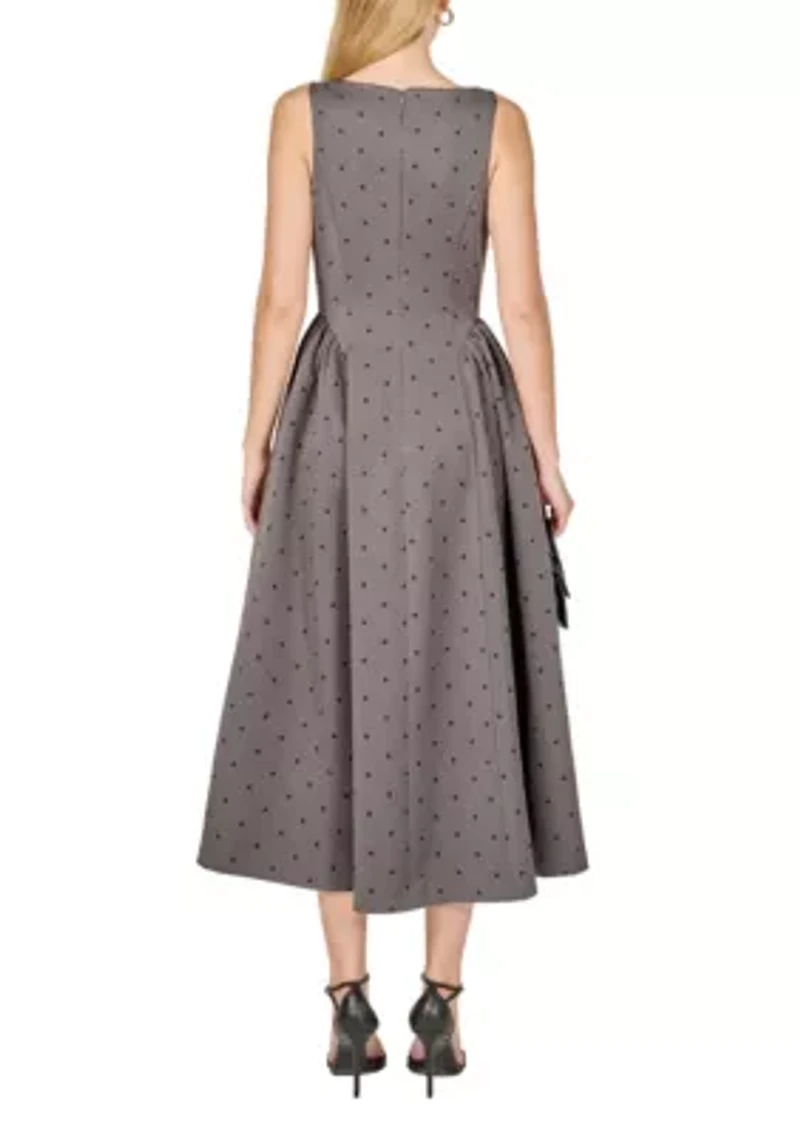 Square Neck Polka Dot Gathered Waist Midi Dress