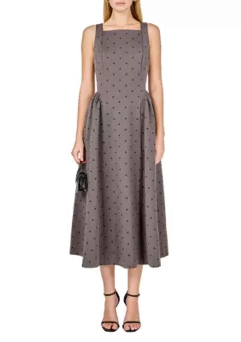 Square Neck Polka Dot Gathered Waist Midi Dress