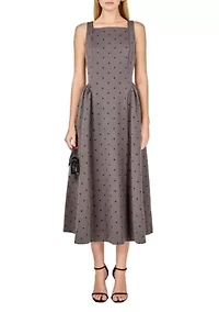 Square Neck Polka Dot Gathered Waist Midi Dress