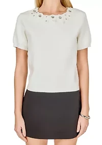 Floral Detail Short Sleeve Sweater