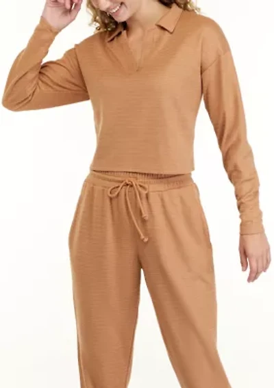 Juniors' Long Sleeve Collared Pullover Top