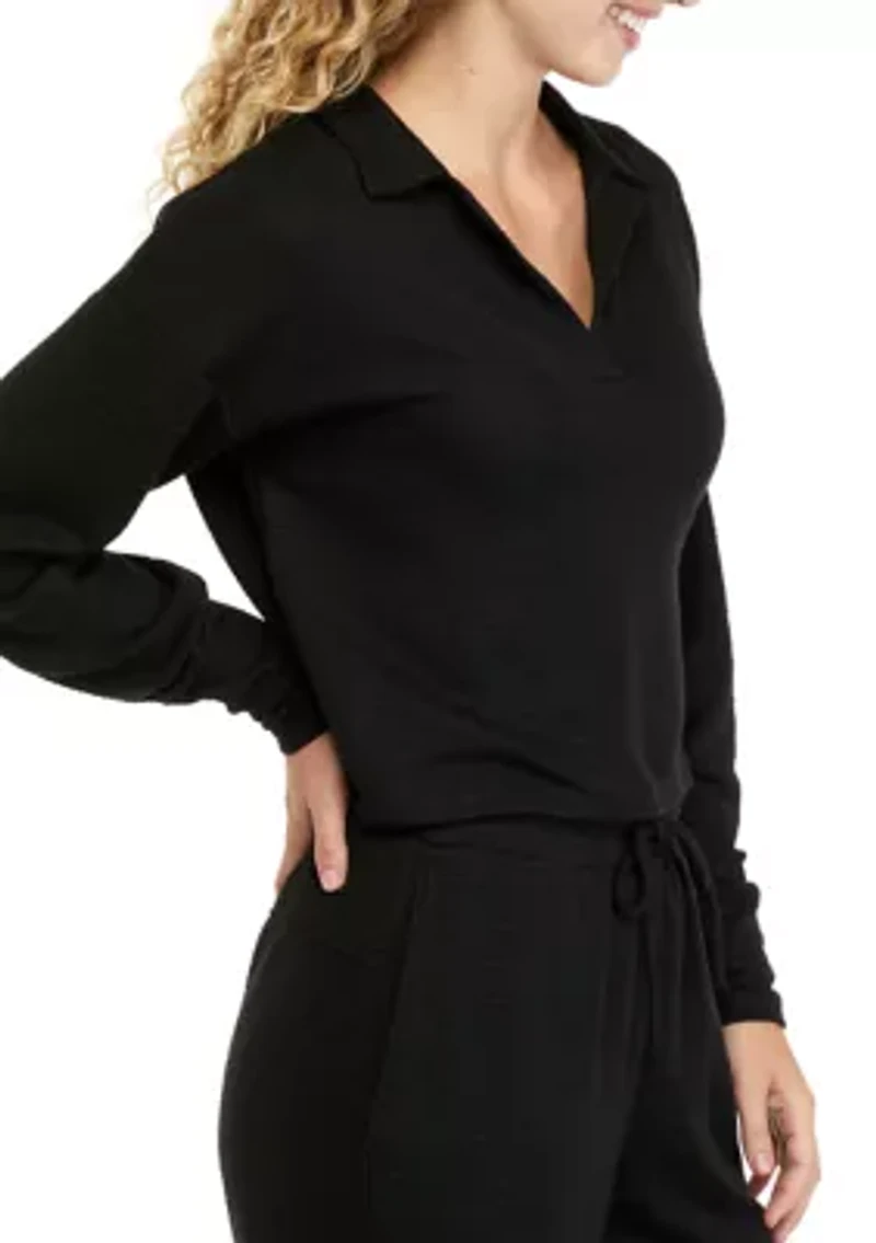 Juniors' Long Sleeve Collared Pullover Top