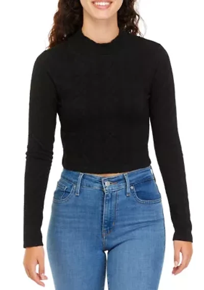 Juniors' Long Sleeve Textured Mock Neck Top