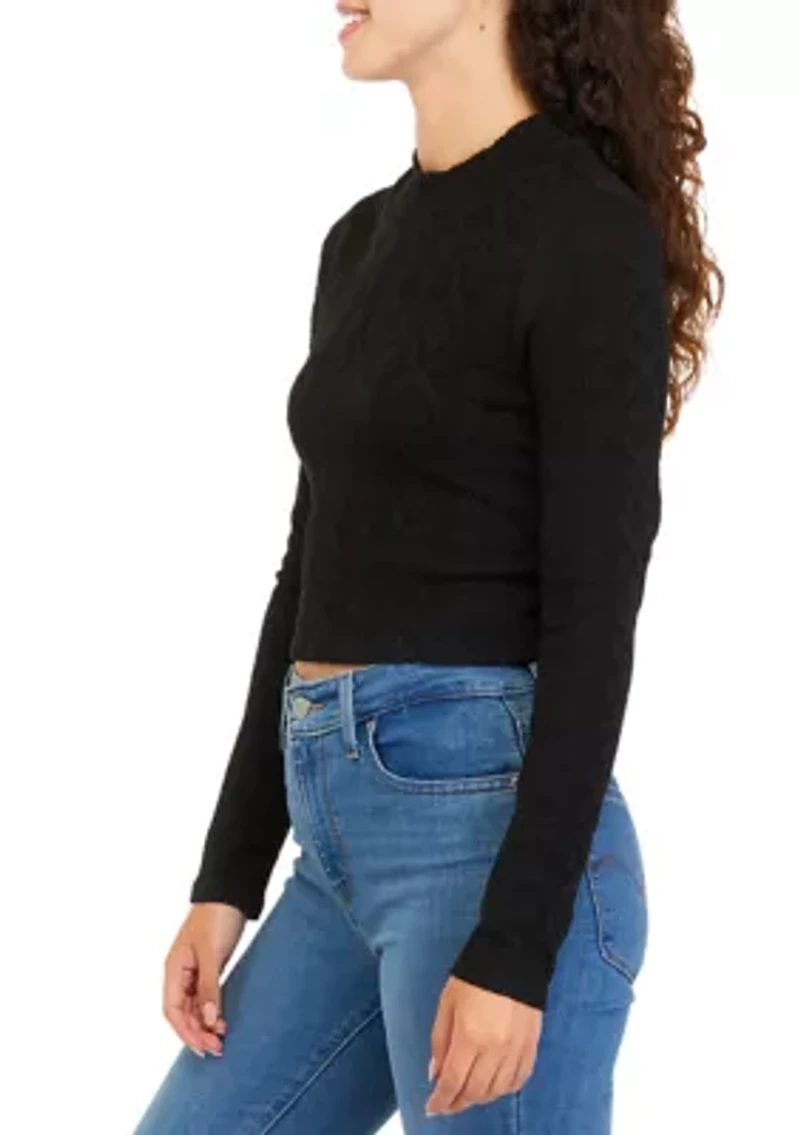 Juniors' Long Sleeve Textured Mock Neck Top