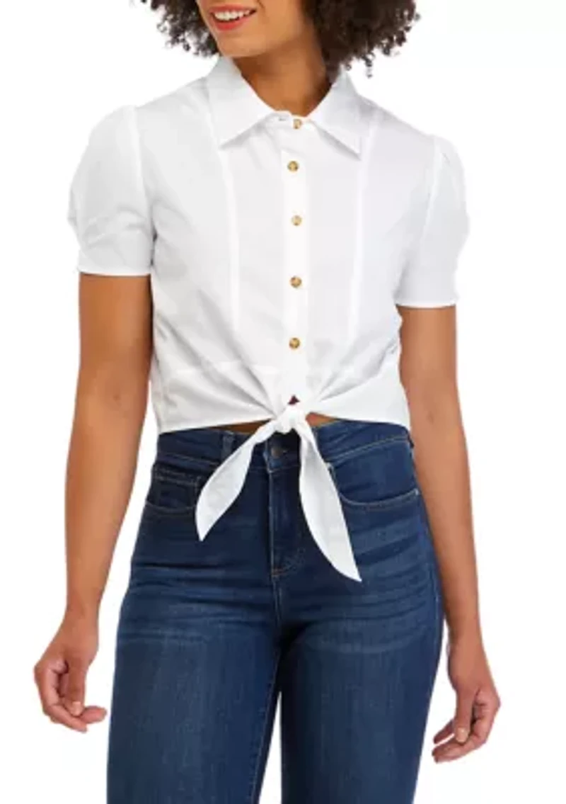 Juniors' Short Sleeve Tie Front Poplin Camp Shirt