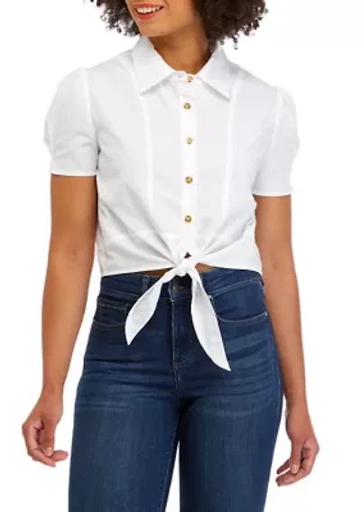 Juniors' Short Sleeve Tie Front Poplin Camp Shirt