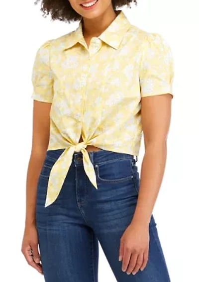 Juniors' Short Sleeve Tie Front Poplin Camp Shirt