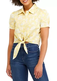 Juniors' Short Sleeve Tie Front Poplin Camp Shirt