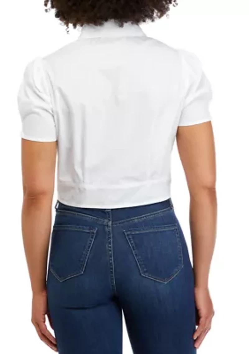 Juniors' Short Sleeve Tie Front Poplin Camp Shirt