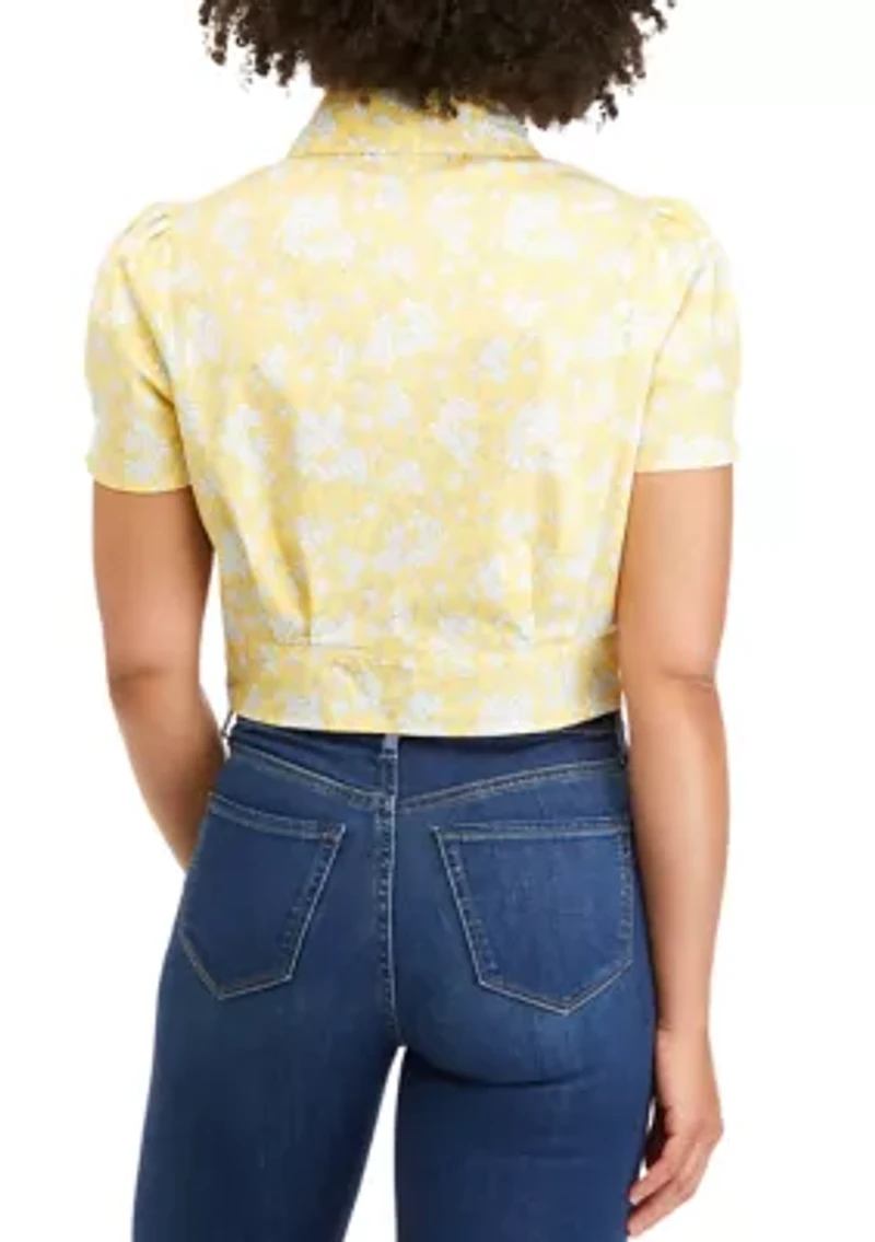 Juniors' Short Sleeve Tie Front Poplin Camp Shirt