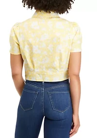 Juniors' Short Sleeve Tie Front Poplin Camp Shirt