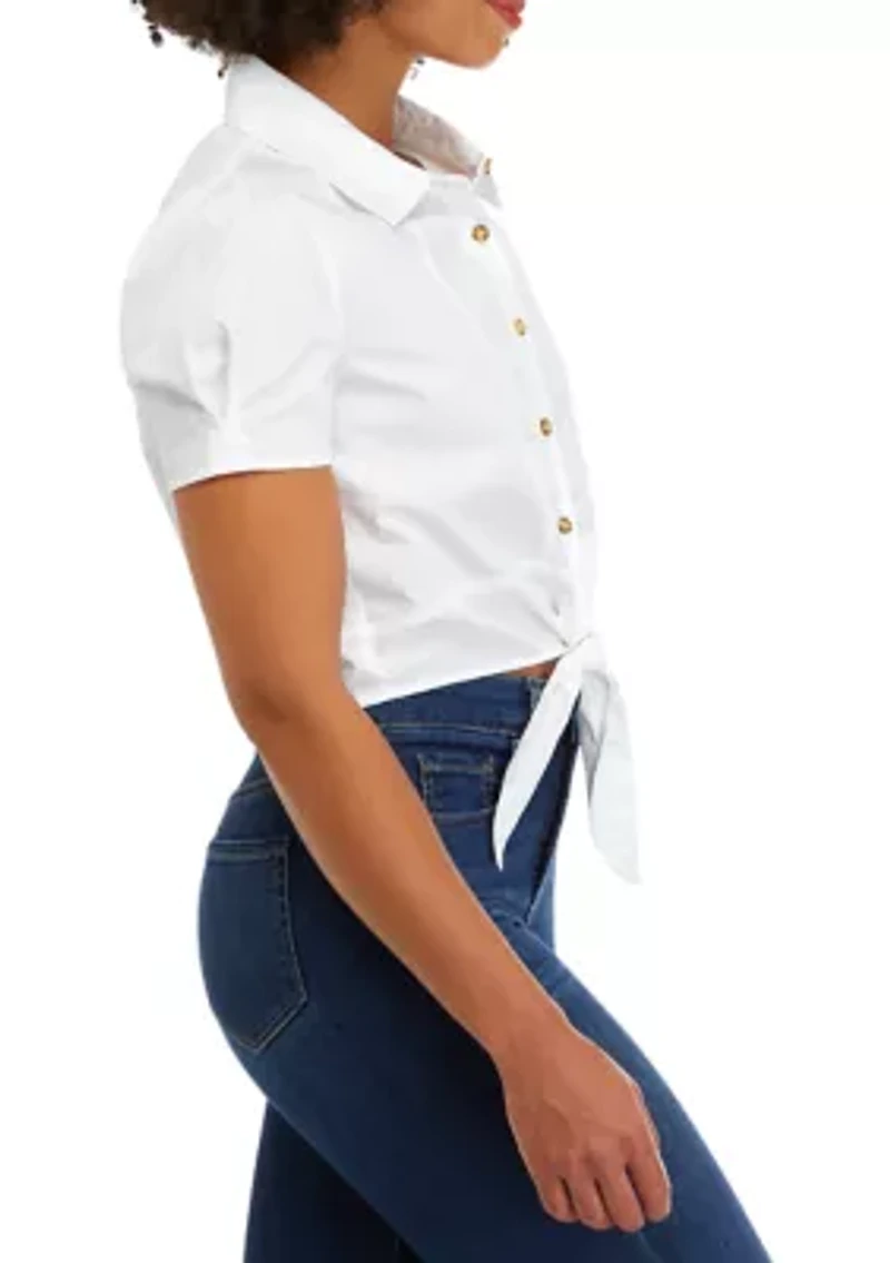 Juniors' Short Sleeve Tie Front Poplin Camp Shirt