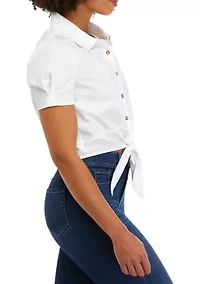 Juniors' Short Sleeve Tie Front Poplin Camp Shirt