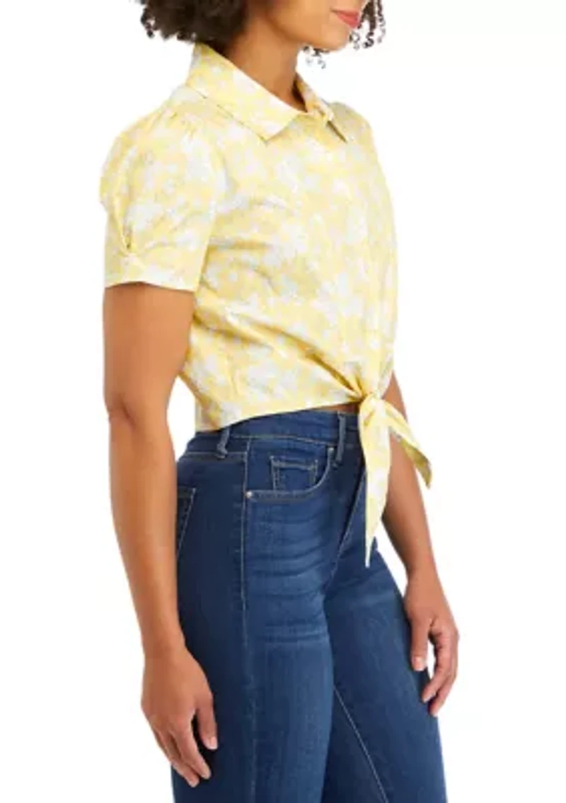 Juniors' Short Sleeve Tie Front Poplin Camp Shirt