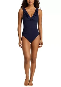 Beach Club Solid Ruffle Surplice One Piece Swimsuit