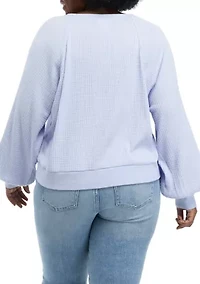 Plus Long Sleeve Button Front Waffle Top