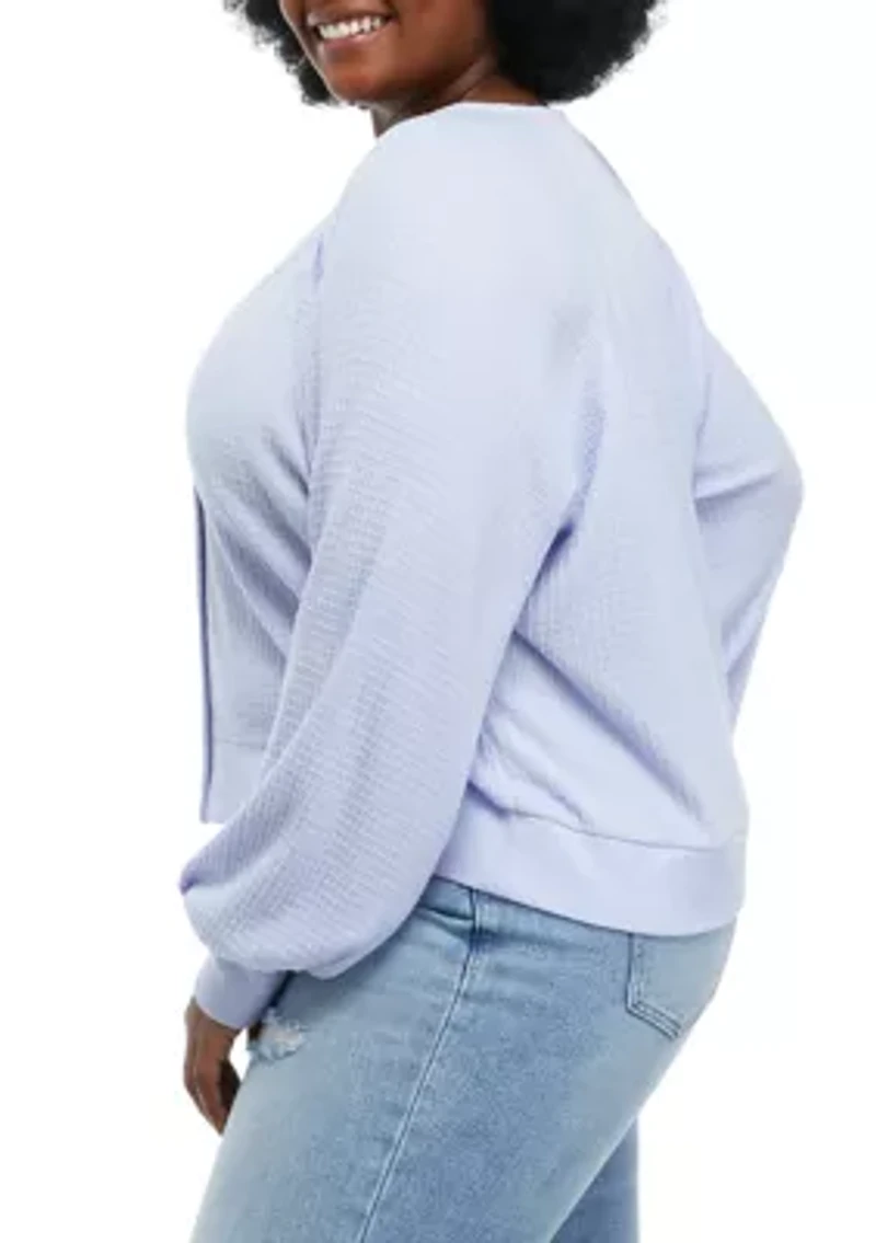 Plus Long Sleeve Button Front Waffle Top