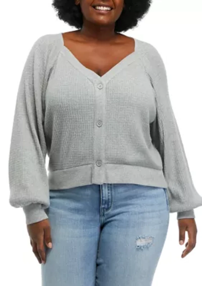 Plus Long Sleeve Button Front Waffle Top