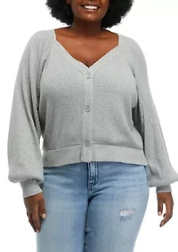 Plus Long Sleeve Button Front Waffle Top