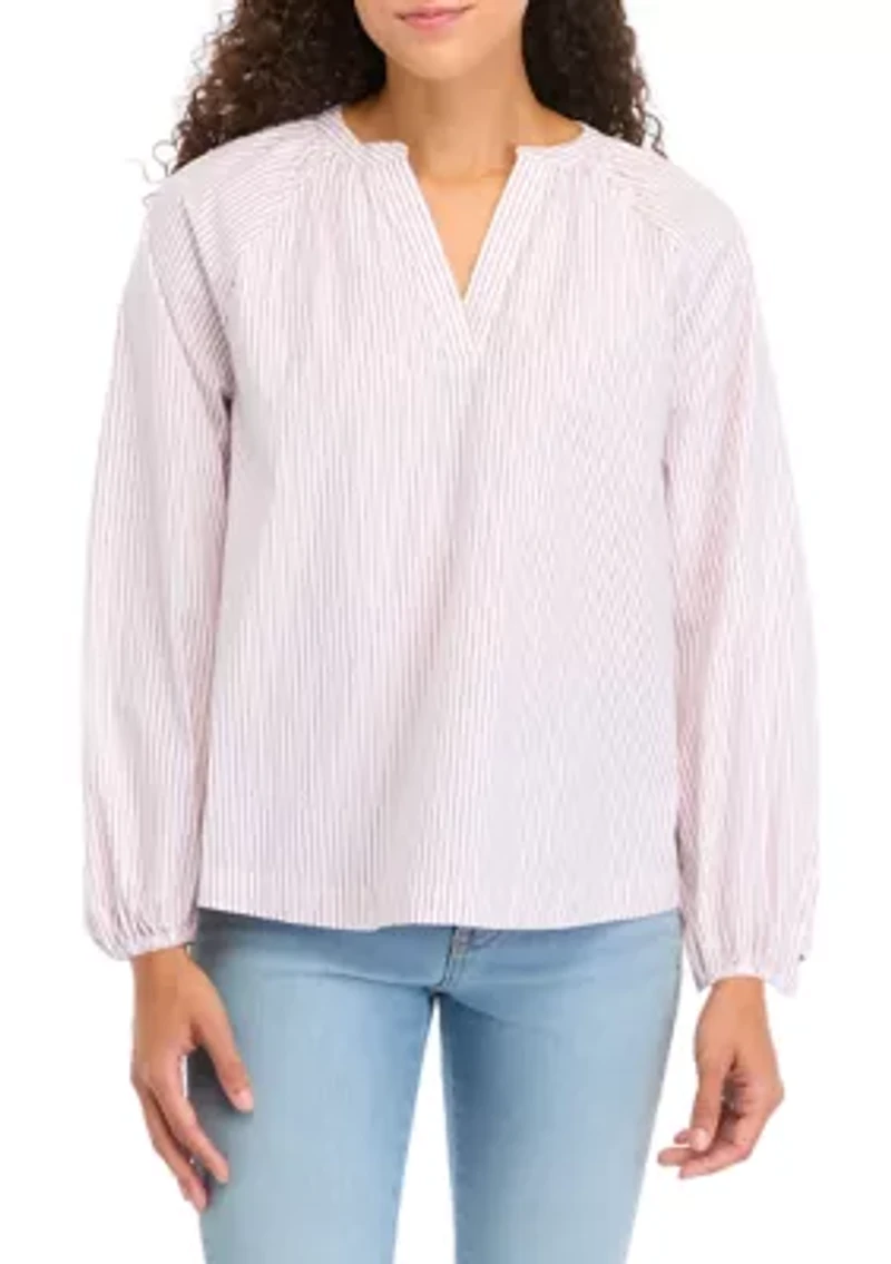 Petite Long Sleeve Split Neck Lurex Yarn Dyed Peasant Top