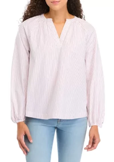 Petite Long Sleeve Split Neck Lurex Yarn Dyed Peasant Top