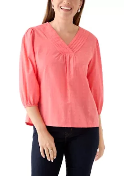 Petite 3/4 V-Neck Solid Textured Top