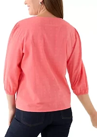 Petite 3/4 V-Neck Solid Textured Top