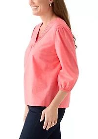 Petite 3/4 V-Neck Solid Textured Top