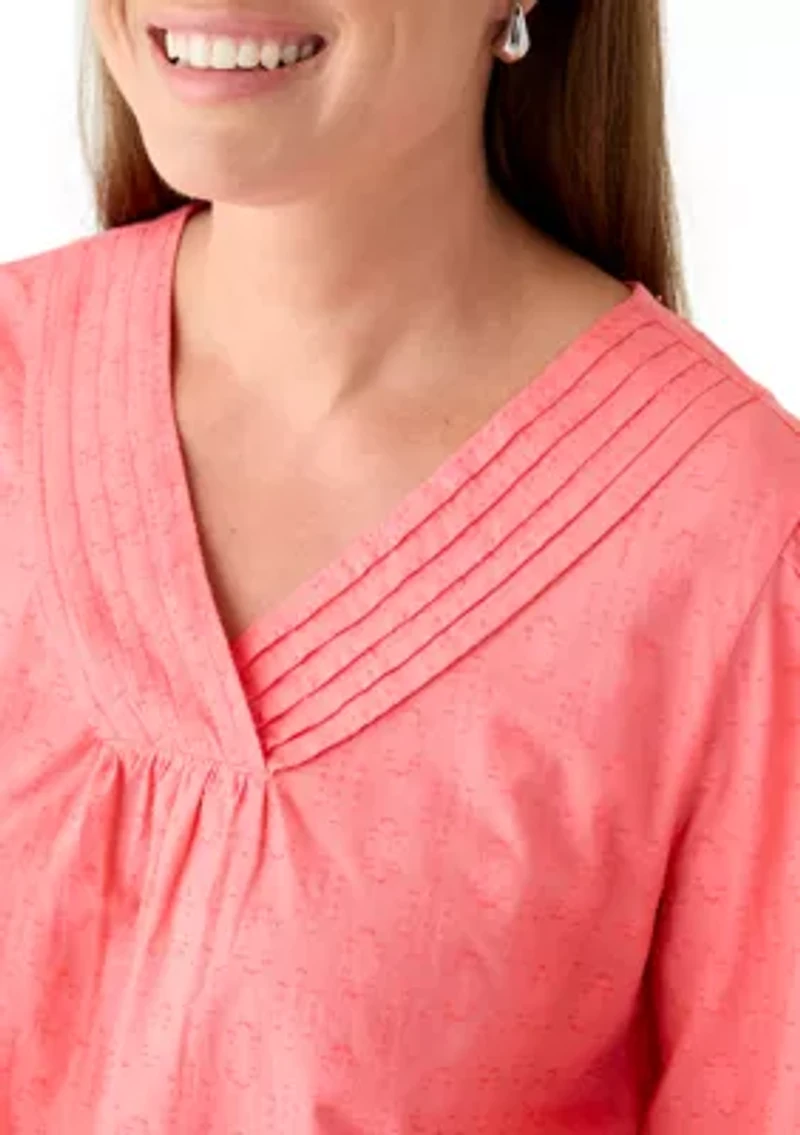 Petite 3/4 V-Neck Solid Textured Top