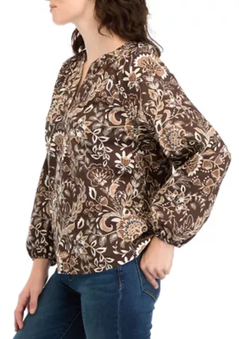 Women's Long Sleeve Printed Peasant Top