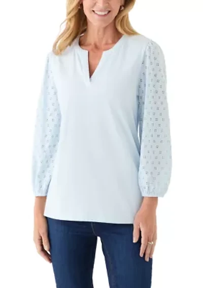 Women's 3/4 Sleeve Split Neck Top with Eyelet