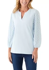 Women's 3/4 Sleeve Split Neck Top with Eyelet