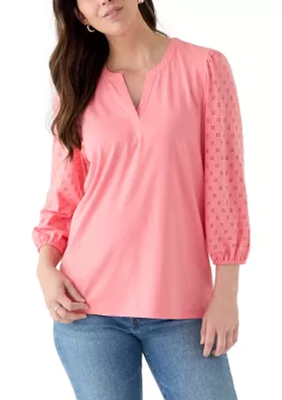 Women's 3/4 Sleeve Split Neck Top with Eyelet
