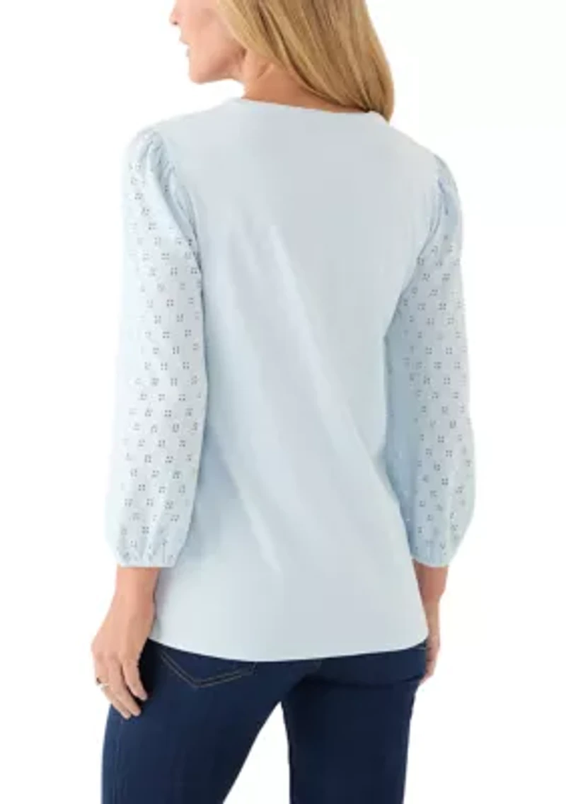 Women's 3/4 Sleeve Split Neck Top with Eyelet
