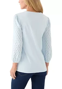Women's 3/4 Sleeve Split Neck Top with Eyelet