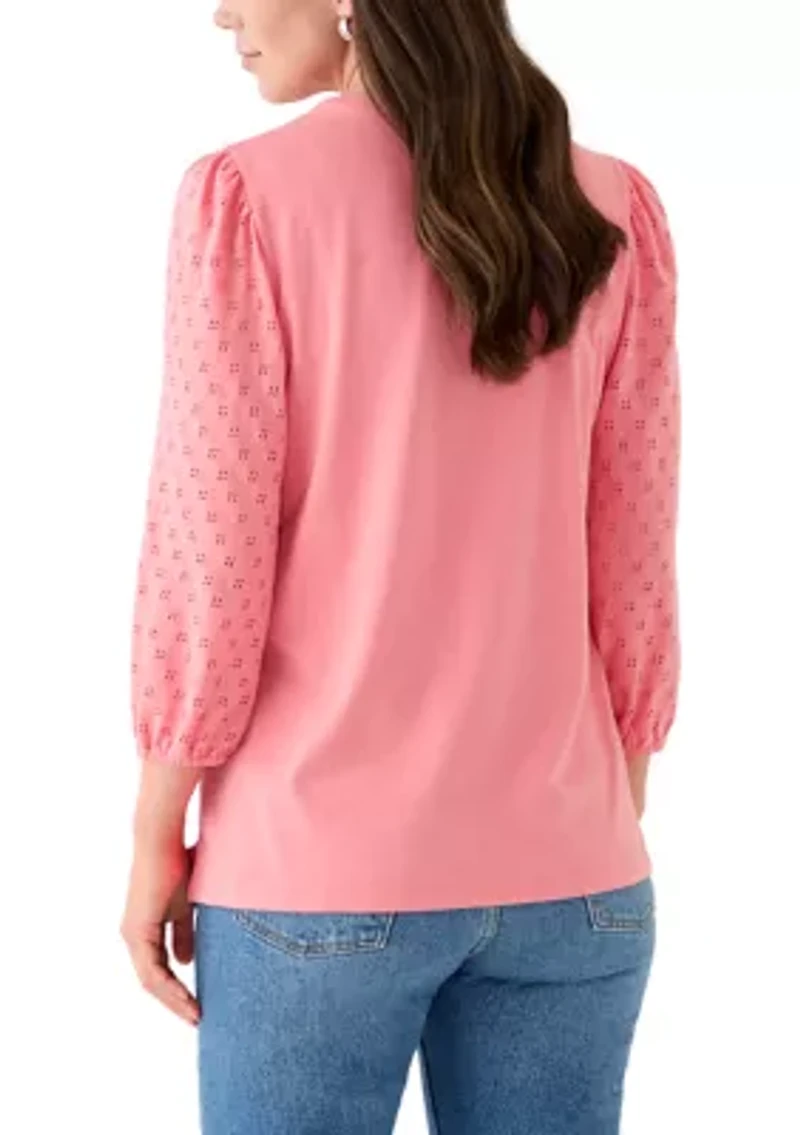 Women's 3/4 Sleeve Split Neck Top with Eyelet