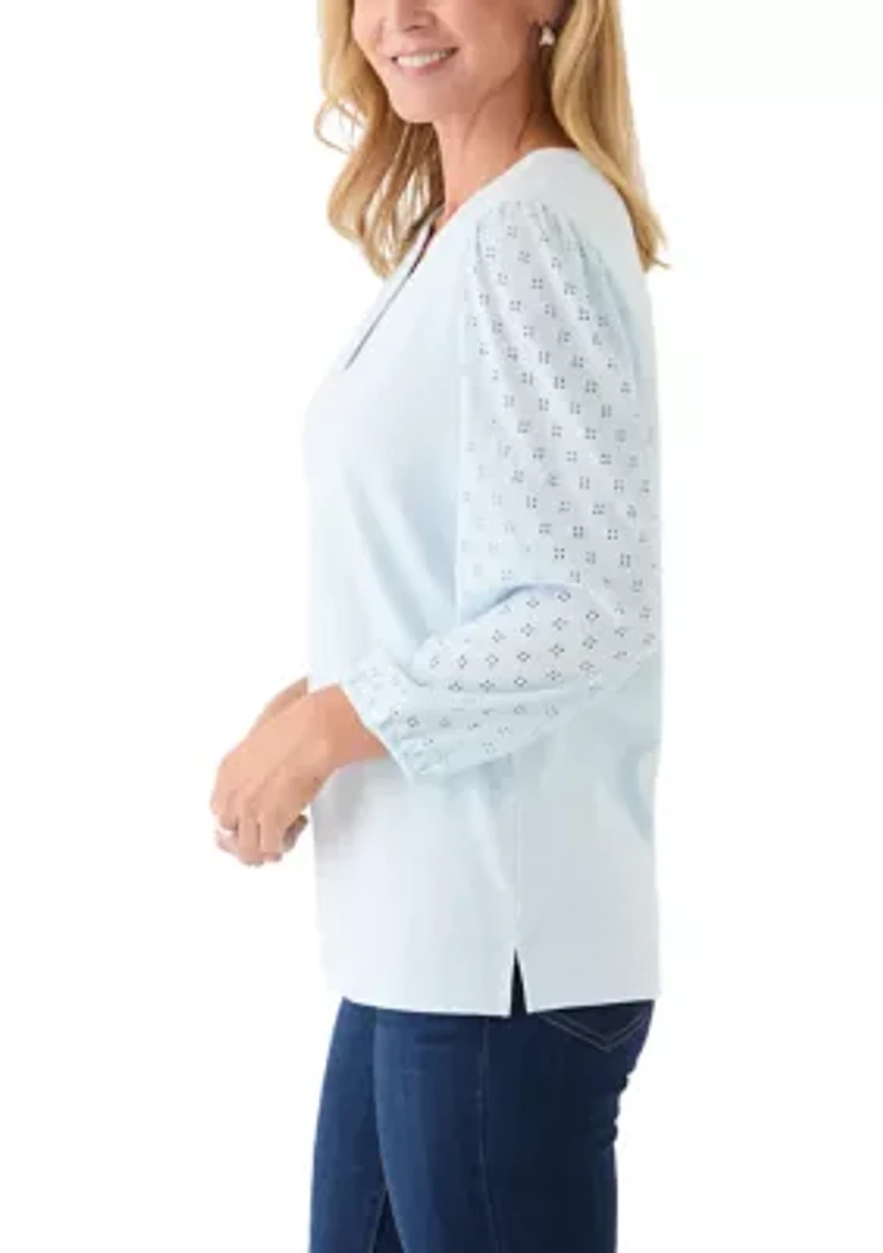 Women's 3/4 Sleeve Split Neck Top with Eyelet