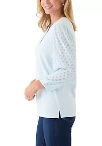 Women's 3/4 Sleeve Split Neck Top with Eyelet