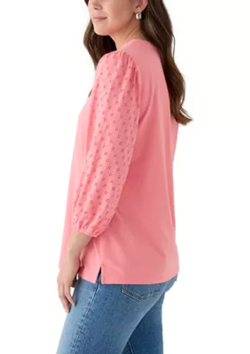 Women's 3/4 Sleeve Split Neck Top with Eyelet