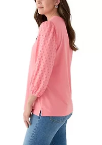 Women's 3/4 Sleeve Split Neck Top with Eyelet