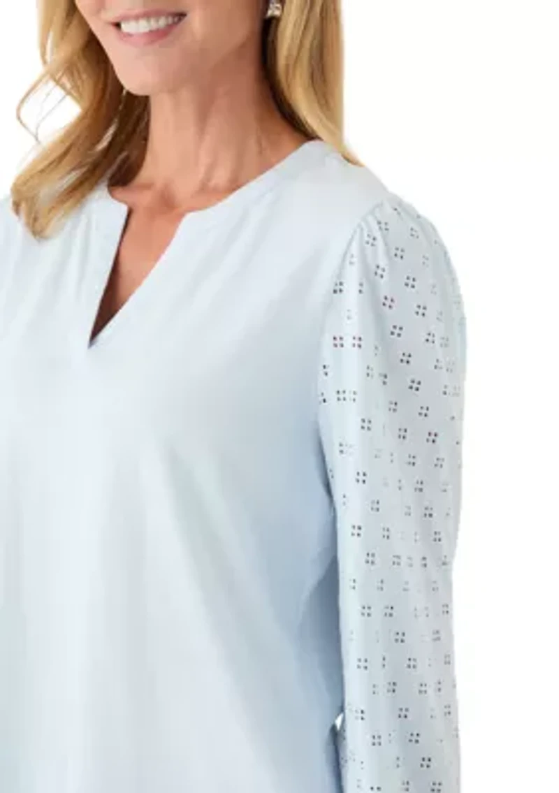 Women's 3/4 Sleeve Split Neck Top with Eyelet