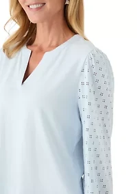 Women's 3/4 Sleeve Split Neck Top with Eyelet
