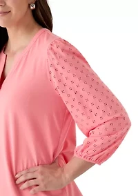 Women's 3/4 Sleeve Split Neck Top with Eyelet
