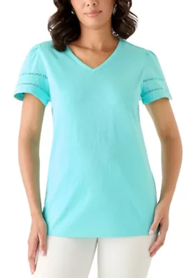 Women's V-Neck Flutter Sleeve with Trim Top
