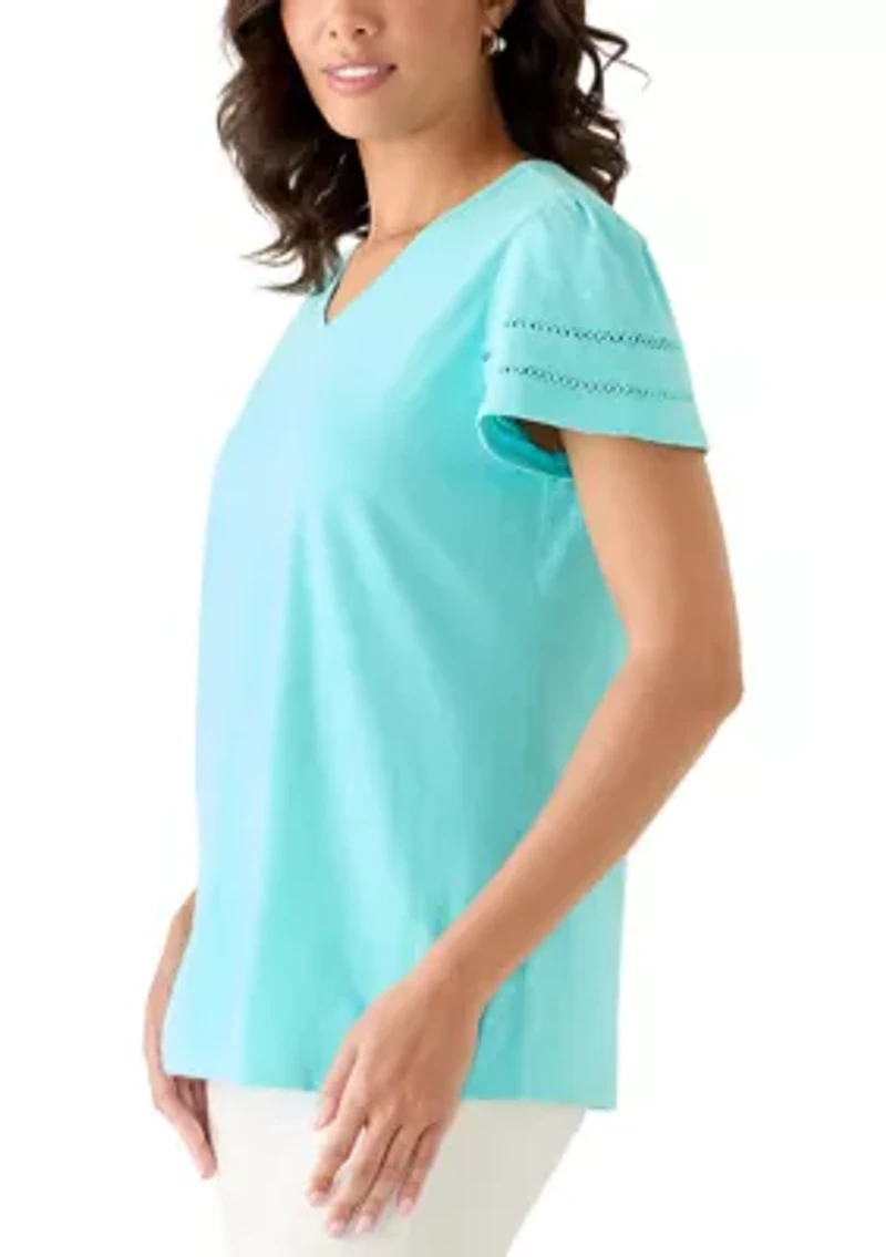 Women's V-Neck Flutter Sleeve with Trim Top